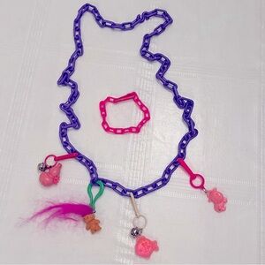 80’s Charm Necklace & Bonus Bracelet Troll Cow Radish Fish Charms Purple Pink